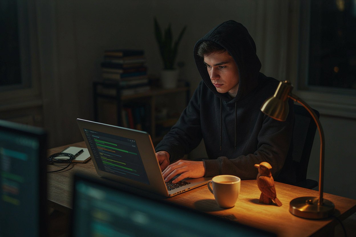 Разработчик ночью за ноутбуком с панелью мониторинга, рядом деревянная фигурка кукушки