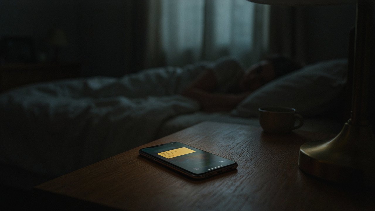Смартфон на прикроватной тумбочке ночью, на экране жёлтое уведомление